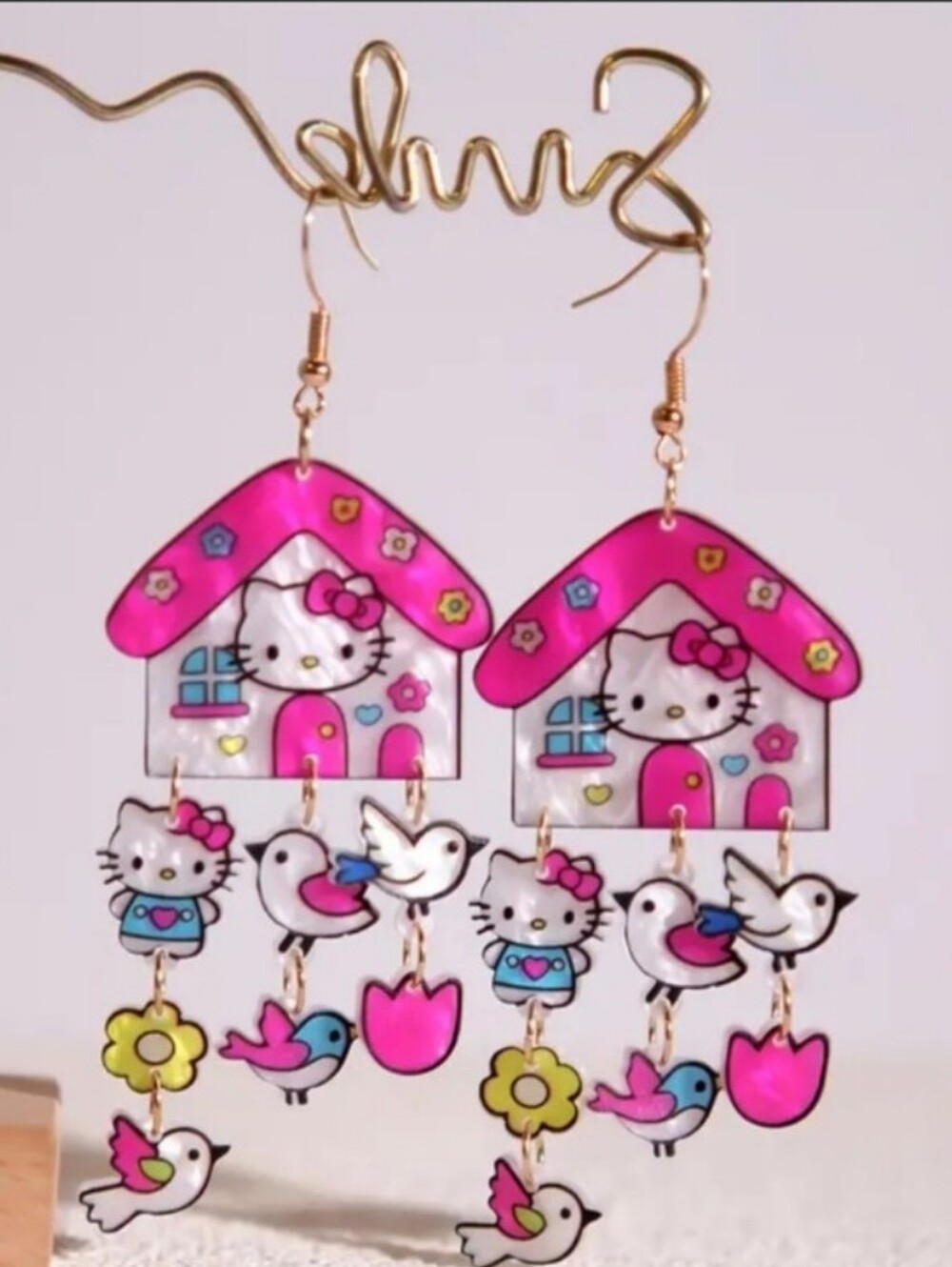Handmade Character Hello Kitty Pink House Dangle Earrings
